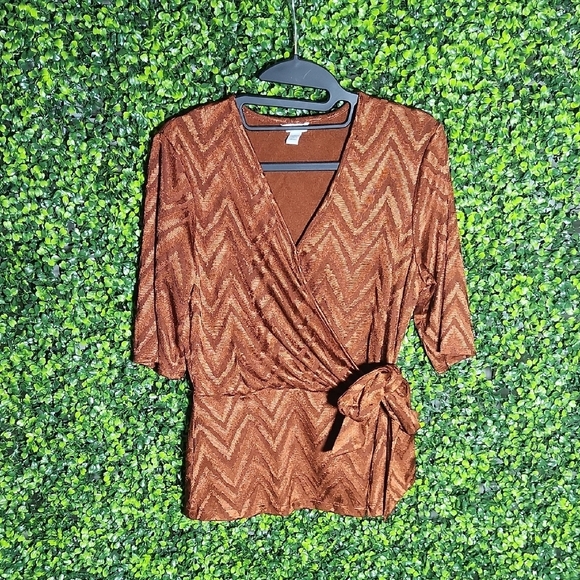 Cato Tops - Cato Orange Chevron Wrap Top Small